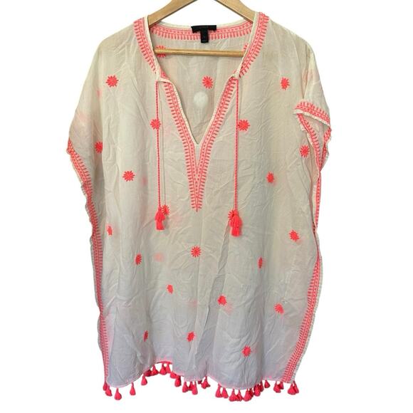 J.Crew White and Neon Pink Embroidered Pom Pom Fringe Cotton Coverup Size Large - Picture 1 of 5